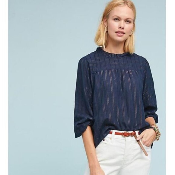 Anthropologie Maeve Reston Blouse Navy Blue w Copper  Vertical Stripes size XS - Picture 1 of 16